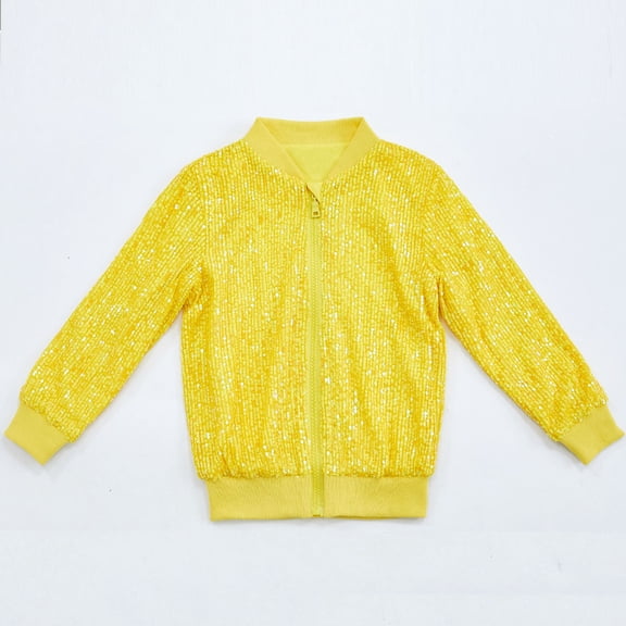 BRGZLK Kids Jackets Girls Boys Sequin Zipper Coat Jacket for Birthday and Christmas Clothes Long Sleeve Hoodless Casual Outwear for Girls Yellow 7-8 Years