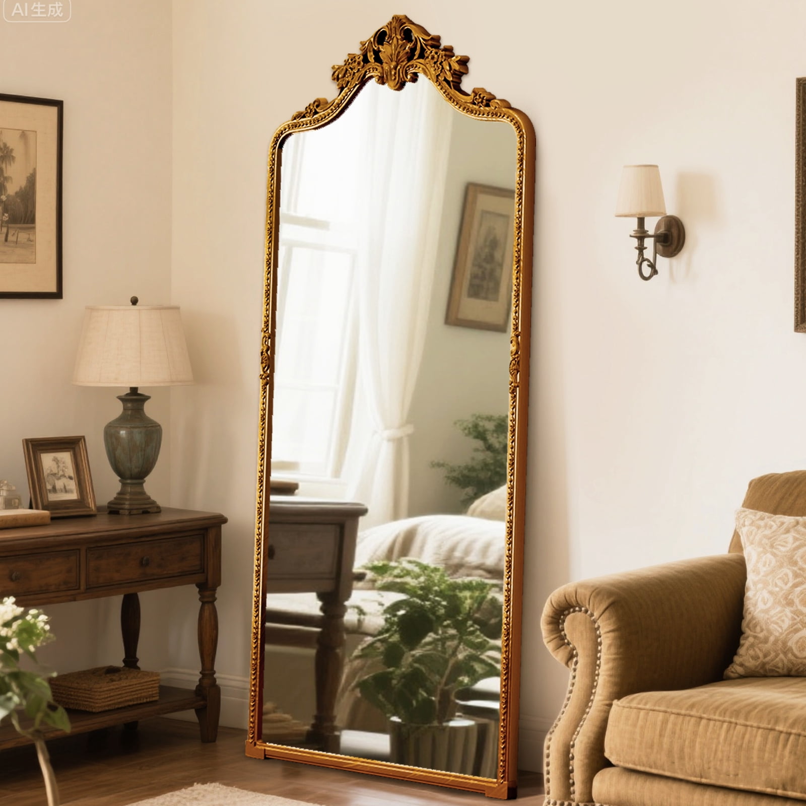 ‌Auromir‌ 28"x69" Antique Arched Full Length Mirror Baroque Style Floor Home Decor Mirror,Gold