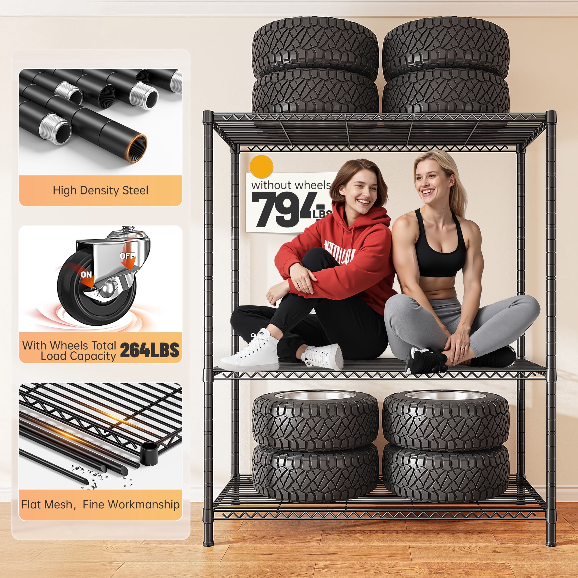 REIBII 4 Tier Wire Shelving Unit with Cover and Wheels,Heavy Duty Metal Storage Shelves Rolling Storage Rack for Pantry Kitchen Laundry Garage,36"W x 14.3"D x 56.5"H