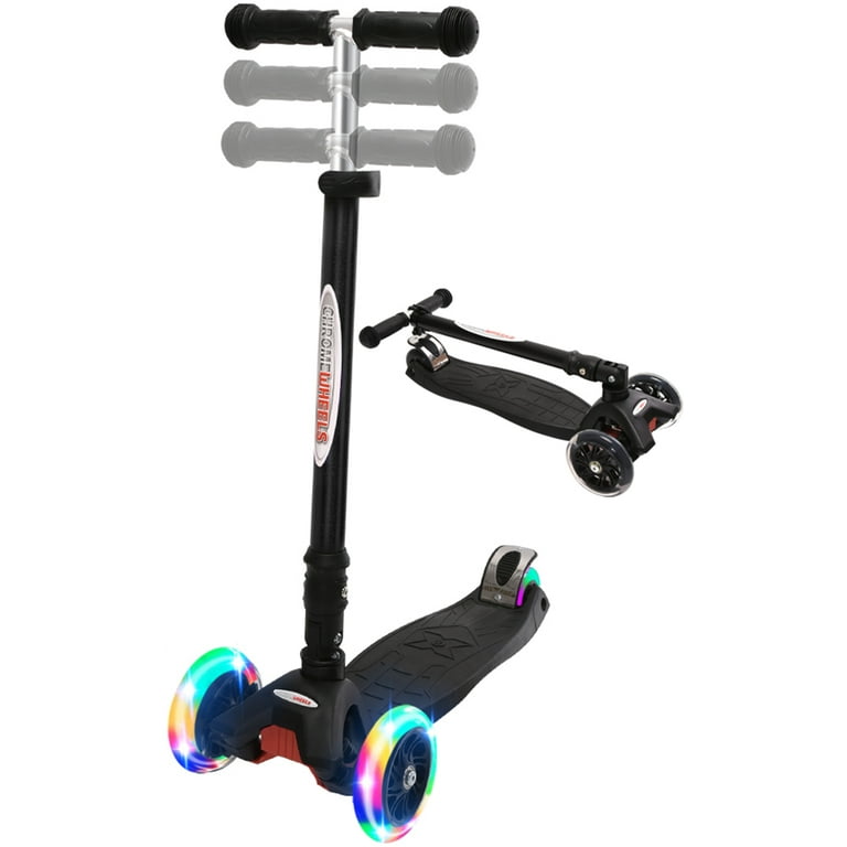 ChromeWheels Scooters for Kids Deluxe Kick Scooter Foldable 4 Adjustable Height 132lbs Weight Limit 3 Wheel Lean to Steer LED Light Up Wheels Best