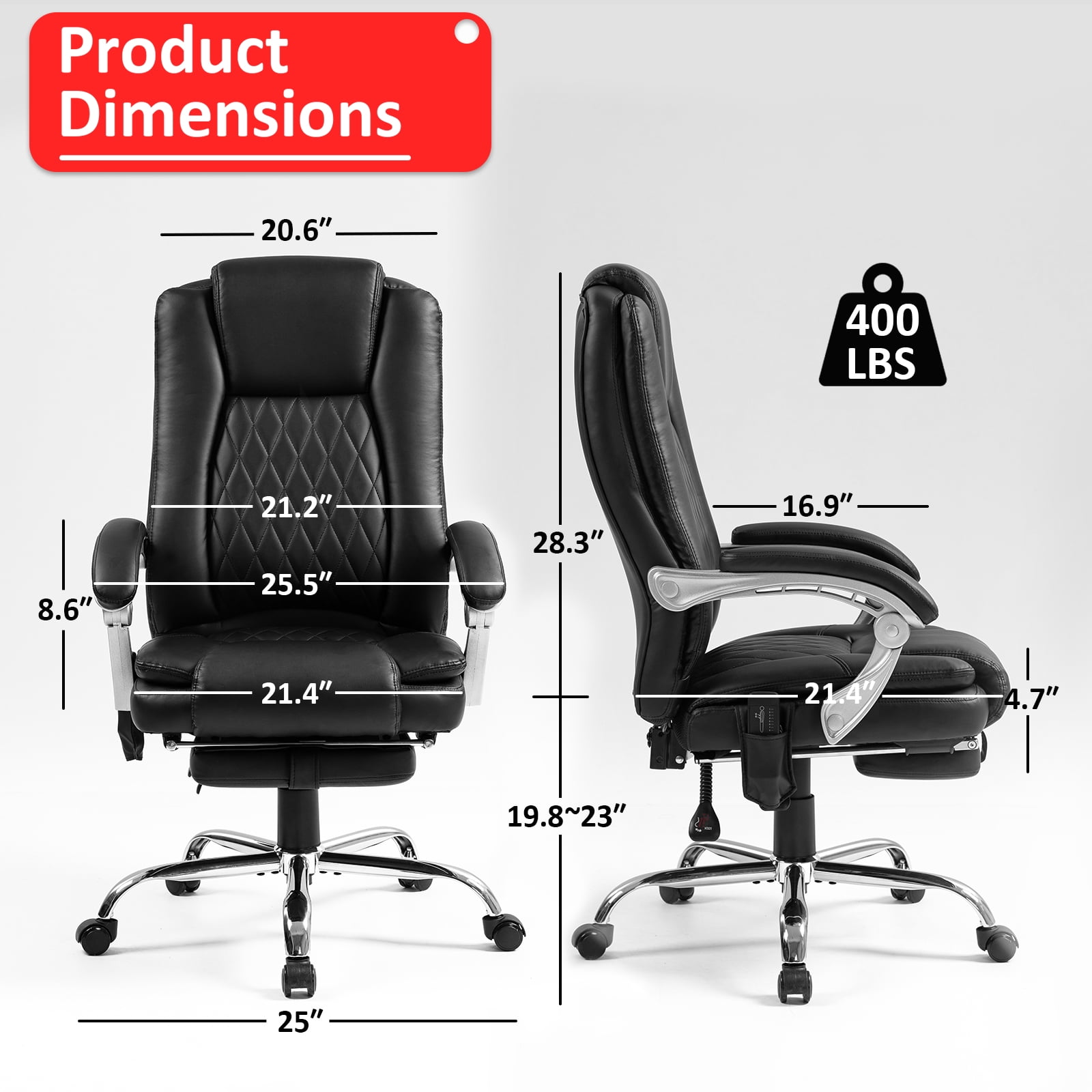 400lbs Big and Tall Executive Leather Office Chair with footrest Heavy Duty, Reclining, and Stylish Computer Desk Chair