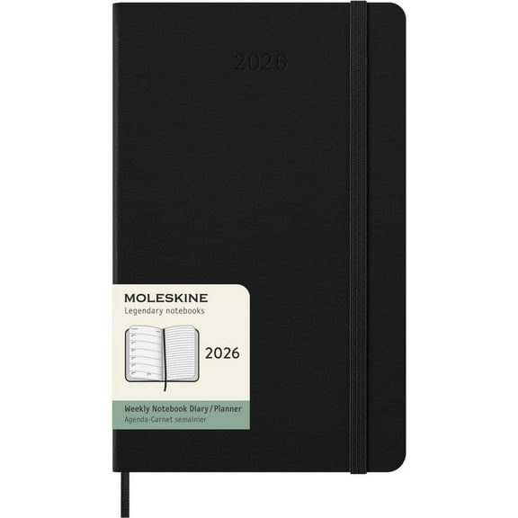 Moleskine, Moleskine Large Black Weekly Hard Cover 12 Month 2026 Planner, 5.25'' X 9.35'', 12-Month Calendar with Perfect Binding
