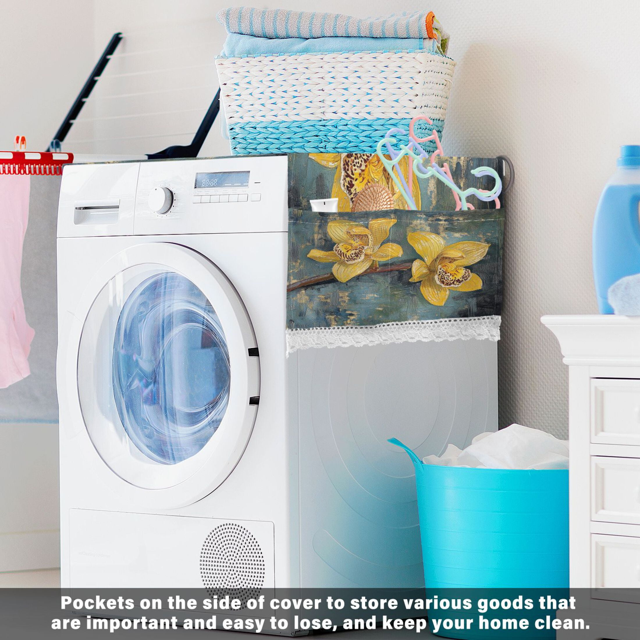 Beautiful Yellow CymbidiumWasher and Dryer Covers Dust-Proof and Oil Resistant Fridge Cover with 4 Storage Pockets Washing Machine Top Cover for Laundry Kitchen Home 51.2 x 22 In