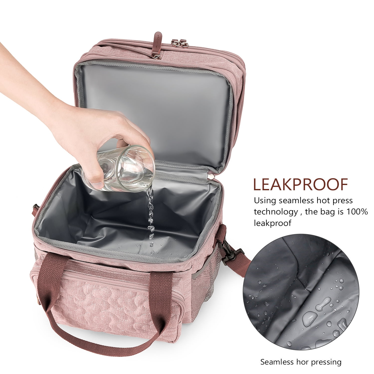 Insulated Lunch Bag Lunch Box Expandable Double Deck Cooler Bag Leakproof Side Tissue Pocket, Adjustable Shoulder Strap for Picnic Camping Hiking School Work, Pink