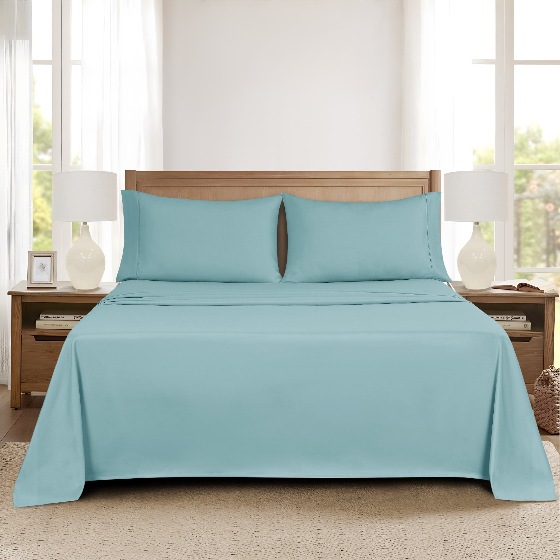 Mainstays Super Soft Brushed Microfiber Bed Sheet Set, Blue Cameo, King, 4 Piece