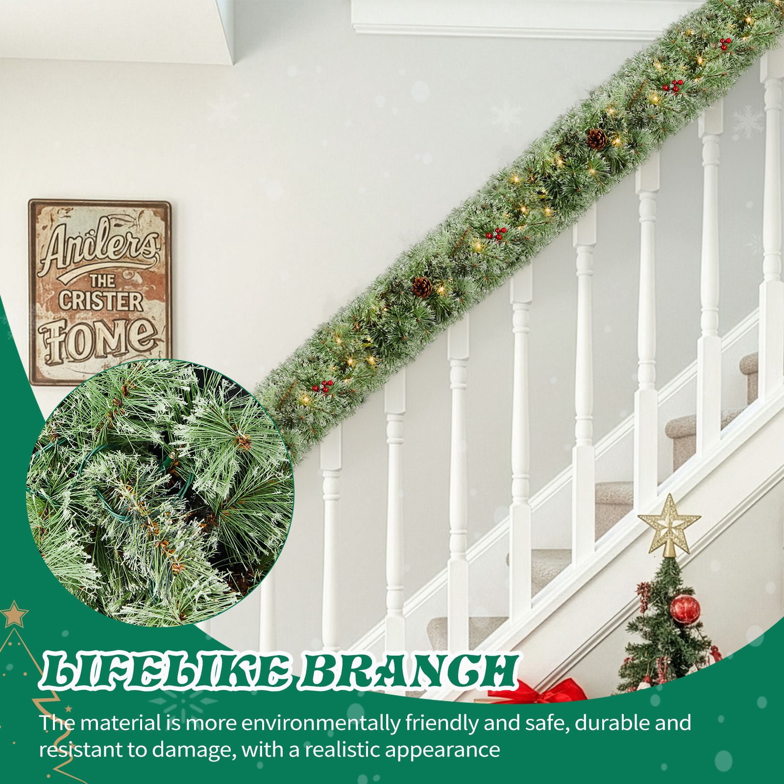 2 Pack 9FT Pre-lit Snow Flocked Christmas Garland, Lighted Artificial Xmas Garland with 200 Warm Lights and 440 Tips and Red Berries, for Front Door Gate Wall Xmas Party Decorations, Snowy Green
