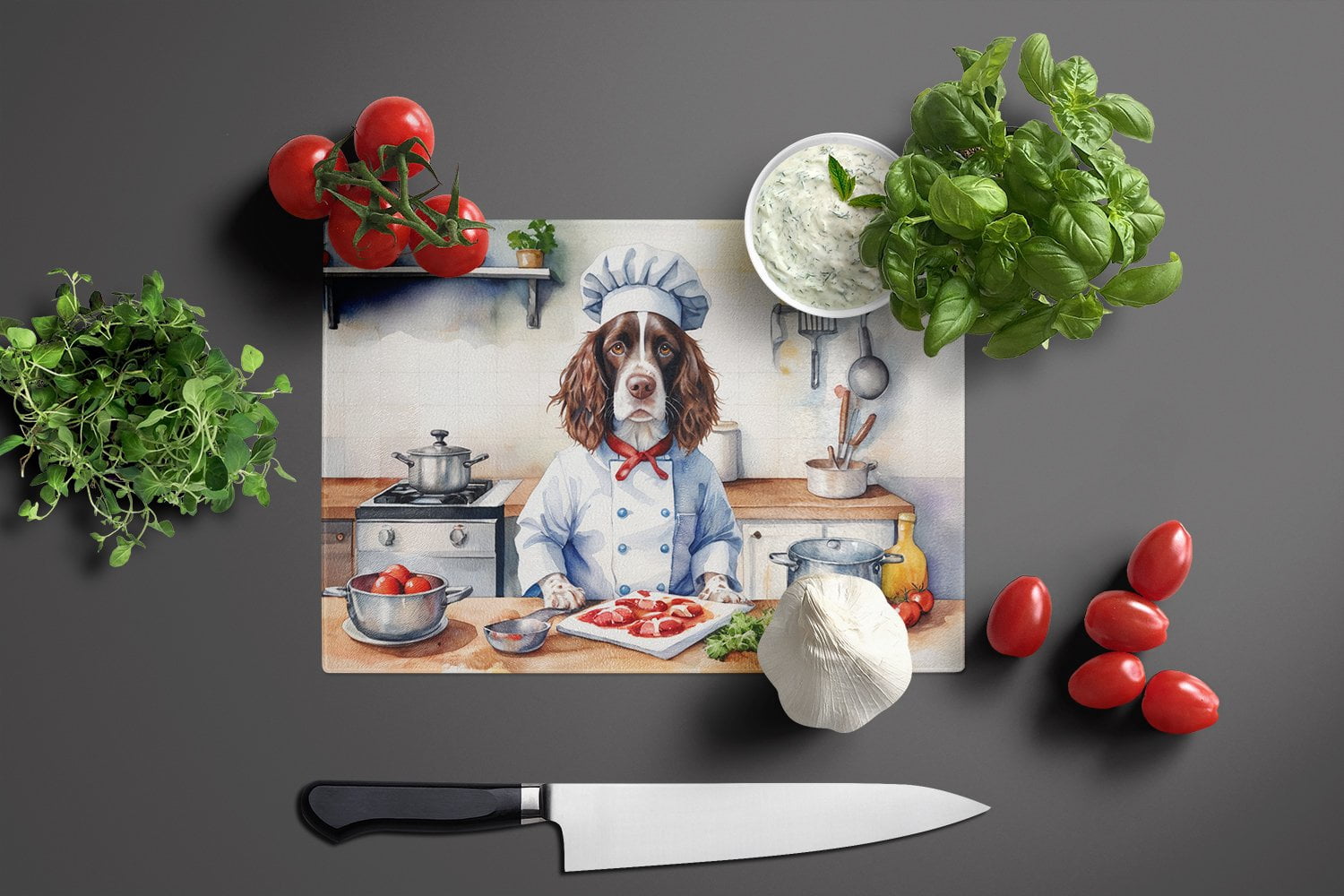English Springer Spaniel The Chef Glass Cutting Board 12 in x 15 in
