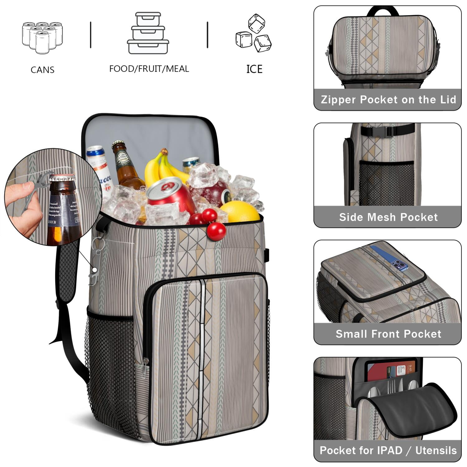 Travel Cooler Bag - Boho Bohemia Pioneer Flower Geometric Line Art Camping Beer Cooler Backpack with Bottle Opener- Waterproof Insulated Picnic Backpacks - Cooler Bag for Beach
