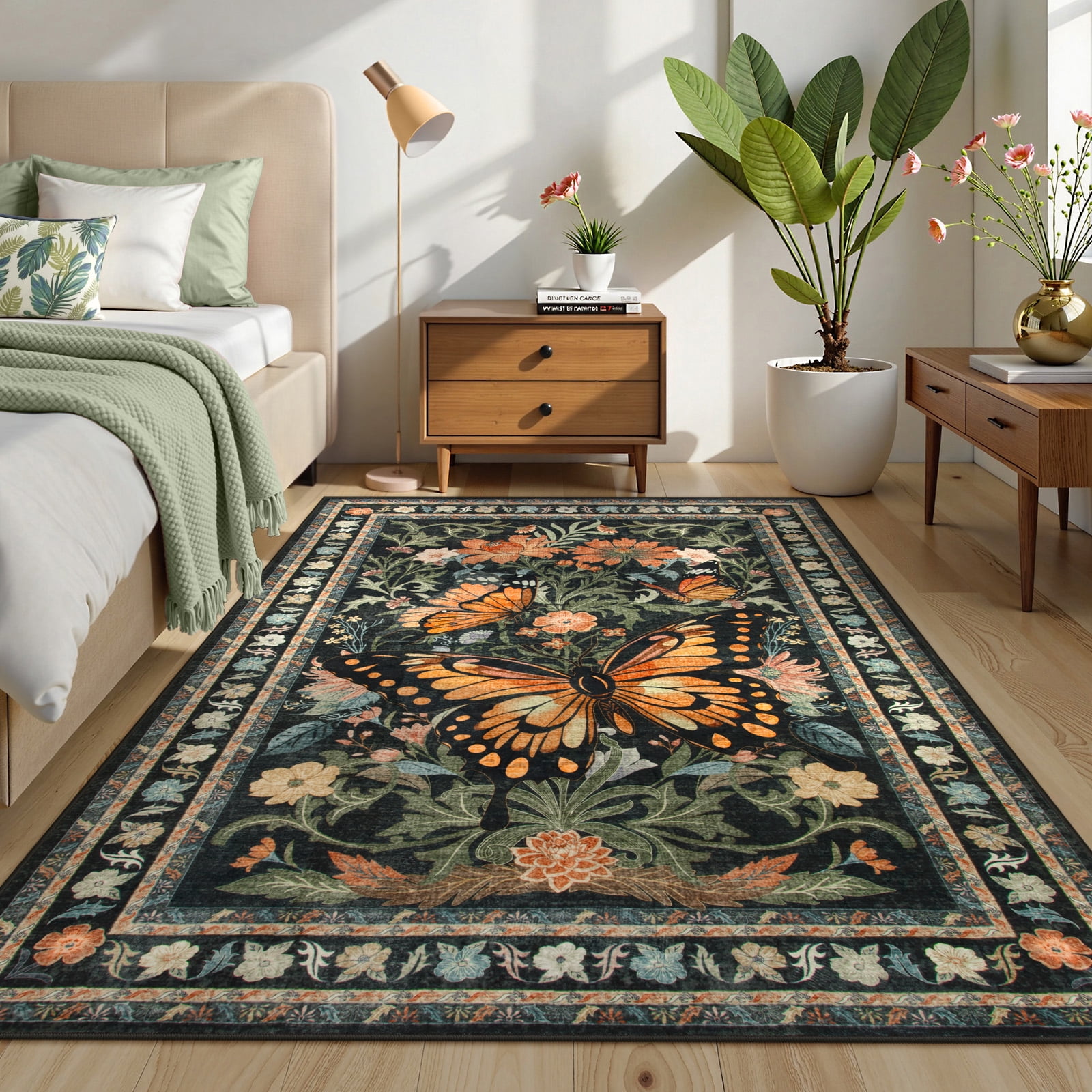 Lahome Decor 5'x7' Butterfly Bedroom Rug,Area Rugs 5x7ft Rugs for Living Room, Non-Slip Washable Rugs Stain Resistant Boho Floral Rug Low-Pile Throw Rug for ‎Dining Room Office,Black