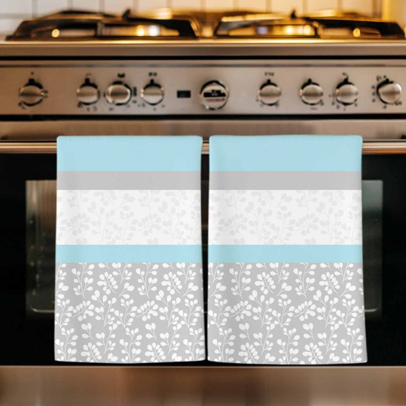 Sky Blue Grey Kitchen Towels Set of 3, Chic Garden Floral Stripe Embroidery Design Absorbent Dish Towels for Kitchen, Microfiber Hand Towel, Quick Drying Tea Towel for Cleaning Decorative Dishcloths
