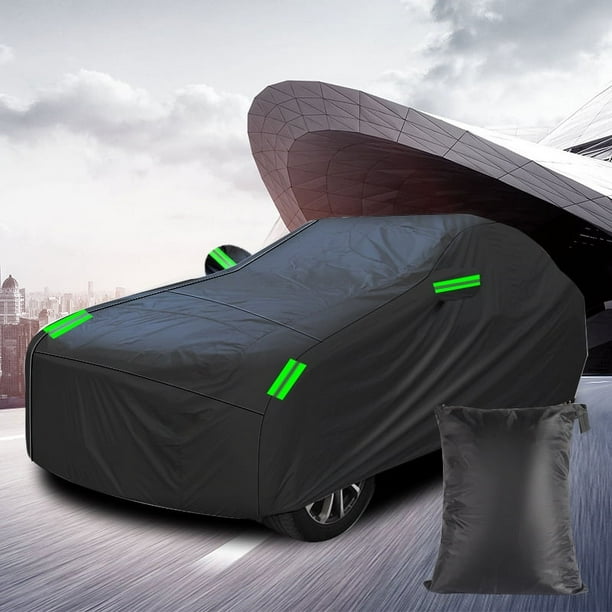 Funda para coche con revestimiento plateado y negro completo, resistente a la lluvia y al sol, con funda de poliéster con tira reflectante