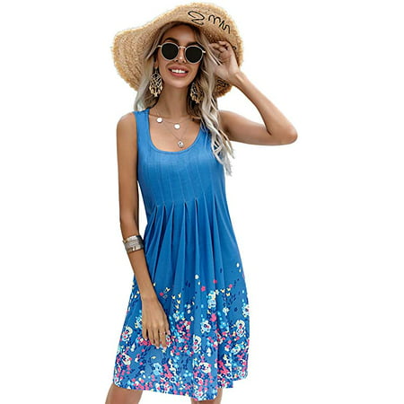 Women's Summer Dress Printed Knee-Length Sleeveless Round Collar Beach ...