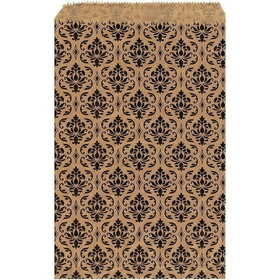 RJ Displays- 100 pcs Brown Damask Paper Gift Shopping Bags, Sales Tote Bag for Jewelry, Findings, Bakery Items, Gift Cards, and small gifts. Size- 4" x 6" Inch