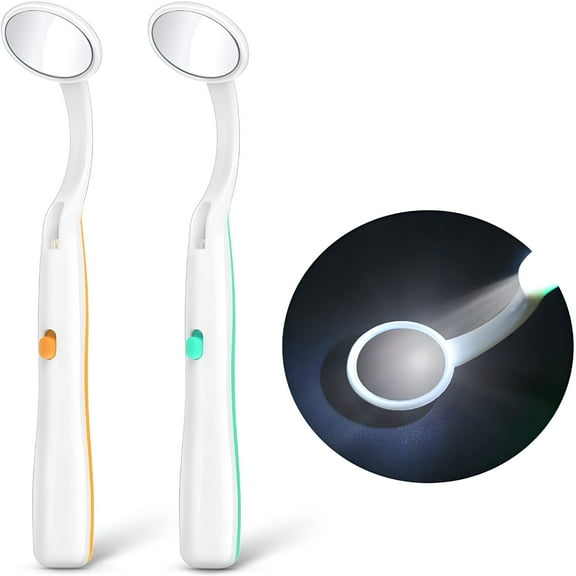 XIRQI Dental Mirror with Light 2 Pieces Mouth-Tooth Mirror Dental Inspection Mirror Oral Mirror with LED Light Battery Included,Green and Orange (Mirror diameter 24mm)