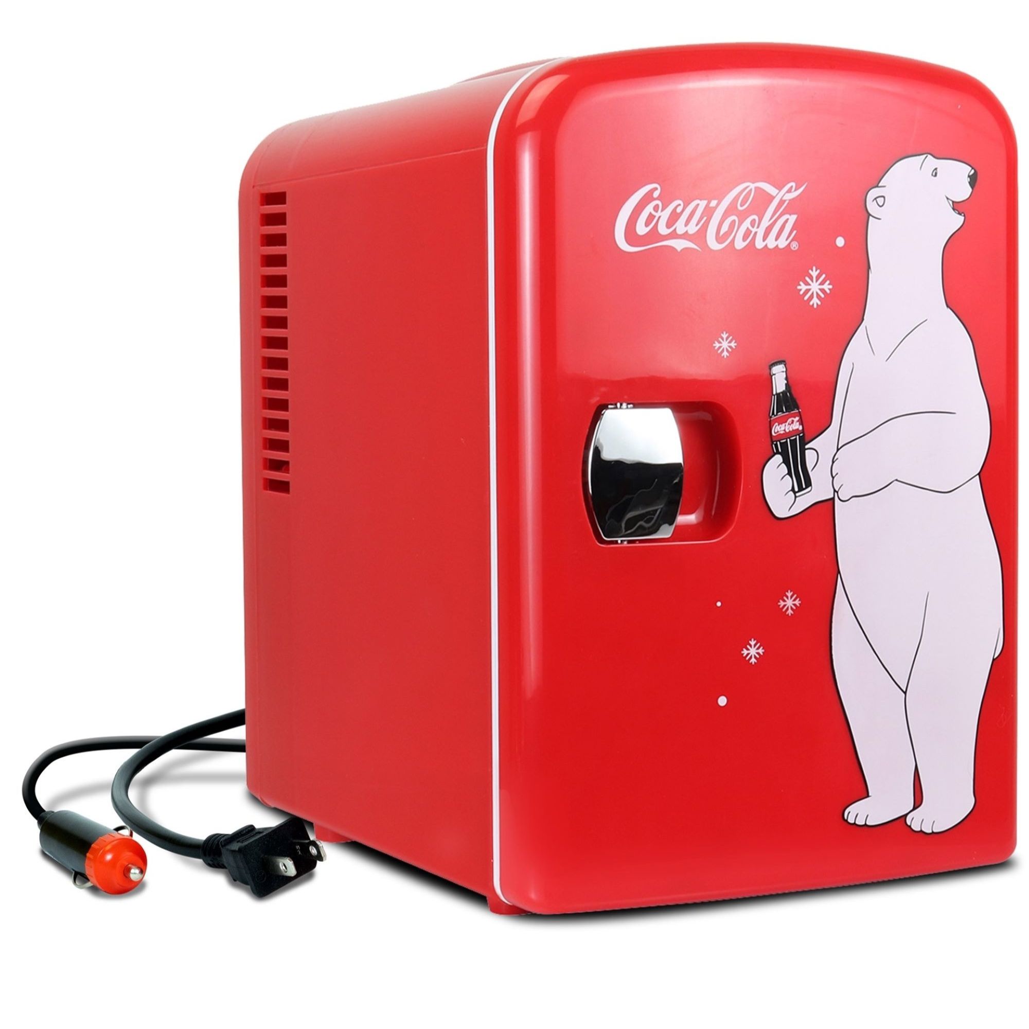 Coca-Cola Polar Bear 4L Mini Cooler Warmer 12V DC and 110V AC Cords, 6 Can Portable Mini Fridge, Personal Travel Refrigerator for Desk Home Office Dorm, Red