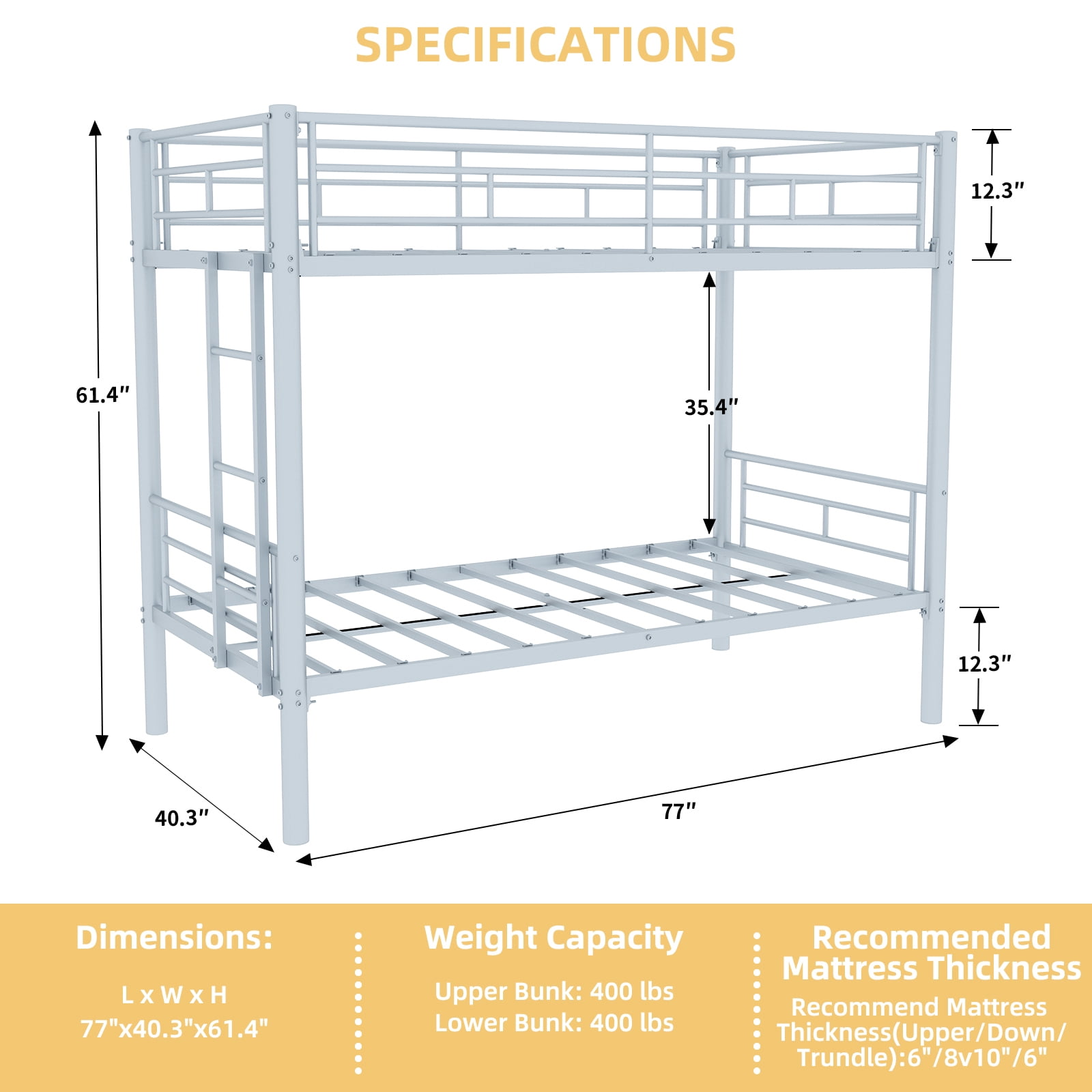 Alvantor Metal Bunk Bed Twin over Twin for Kids, Convertible 2 Beds, Heavy Duty Bed Frame with Under-Bed Storage for Bedroom Silver