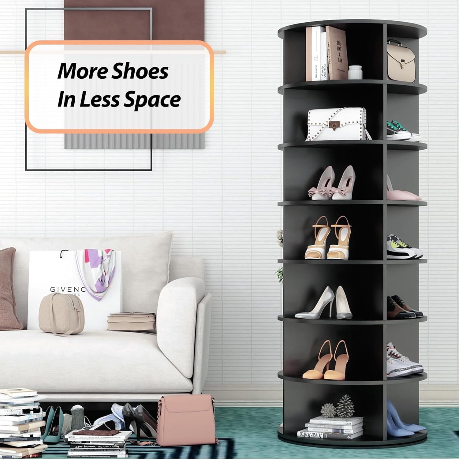 Freestanding 7 Tier Rotating Shoe Rack Tower Tall & Easy Assembly, Spinning Shoe Display Lazy Susan Space-Saving, Revolving 360 Shoe Rack Storage Round Carousel, Vertical Handbag Rotate Shoes Closet