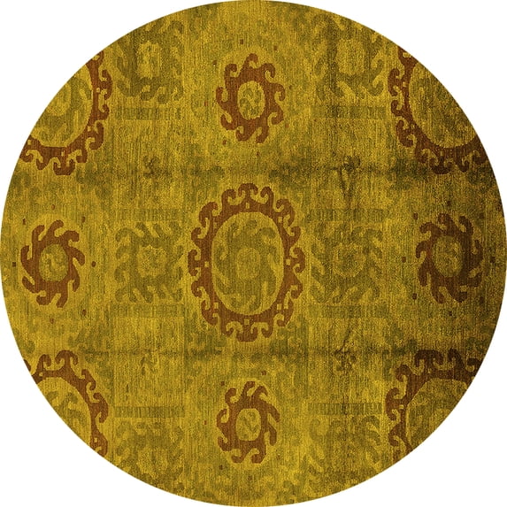 Ahgly Company Machine Washable Indoor Round Oriental Yellow Industrial Area Rugs, 6' Round
