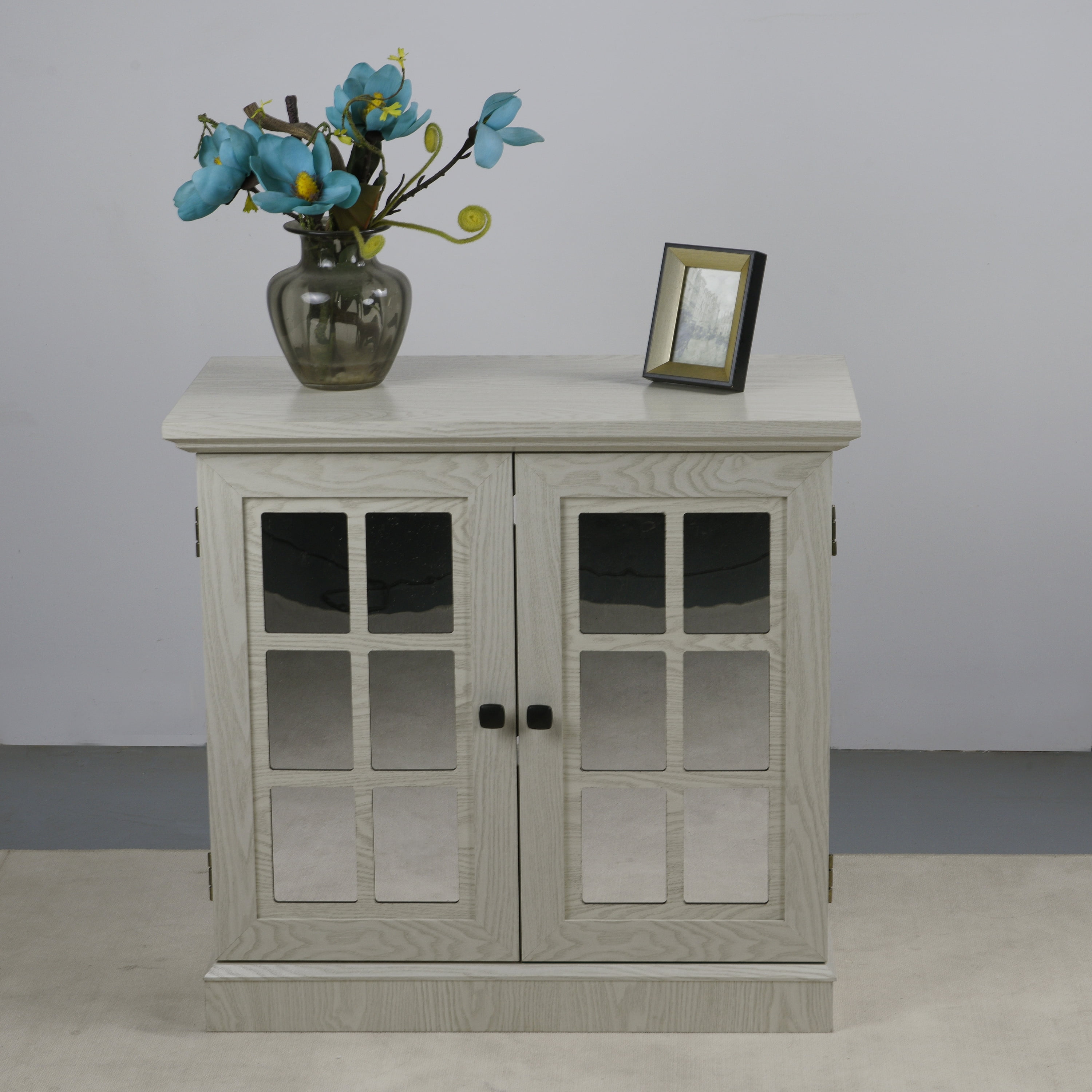 Accent Cabinet, Mirrored Sideboard&nbsp;Storage with Decorative Doors, Anti-Tip Strings, White MDF 3D Wood Grain, 30.75 Inch W