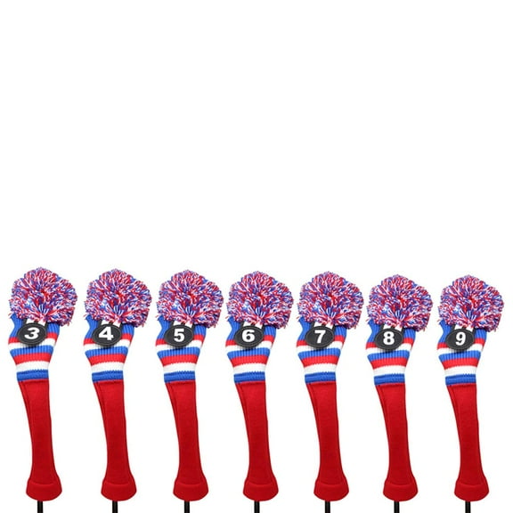 Majek Golf Red White Blue 3 4 5 6 7 8 9 Hybrid Set Headcovers Pom Pom Knit Limited Edition Vintage Classic Traditional Flag Retro Head Cover 3-9 Set