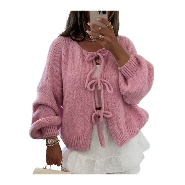 Gupgi Women Tie Front Knitted Cardigan Solid Color Long Sleeve Open Front Sweater Knitwear Tops