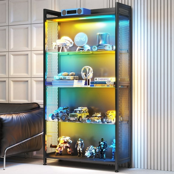 LED Glass Curio Cabinet for Gaming Room, RGB Lighted Display Cabinet with 4 1 Shelves, 5-Strip LED with Controller, Display Case for Figures, Gamepads & Collectibles, Black