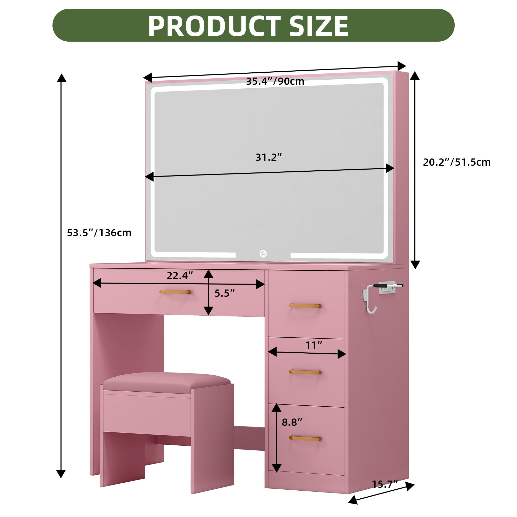 Uforic 4 Drawers Makeup Desk with LED Mirror, Vanity Table with Power Strip, Stool, Pink