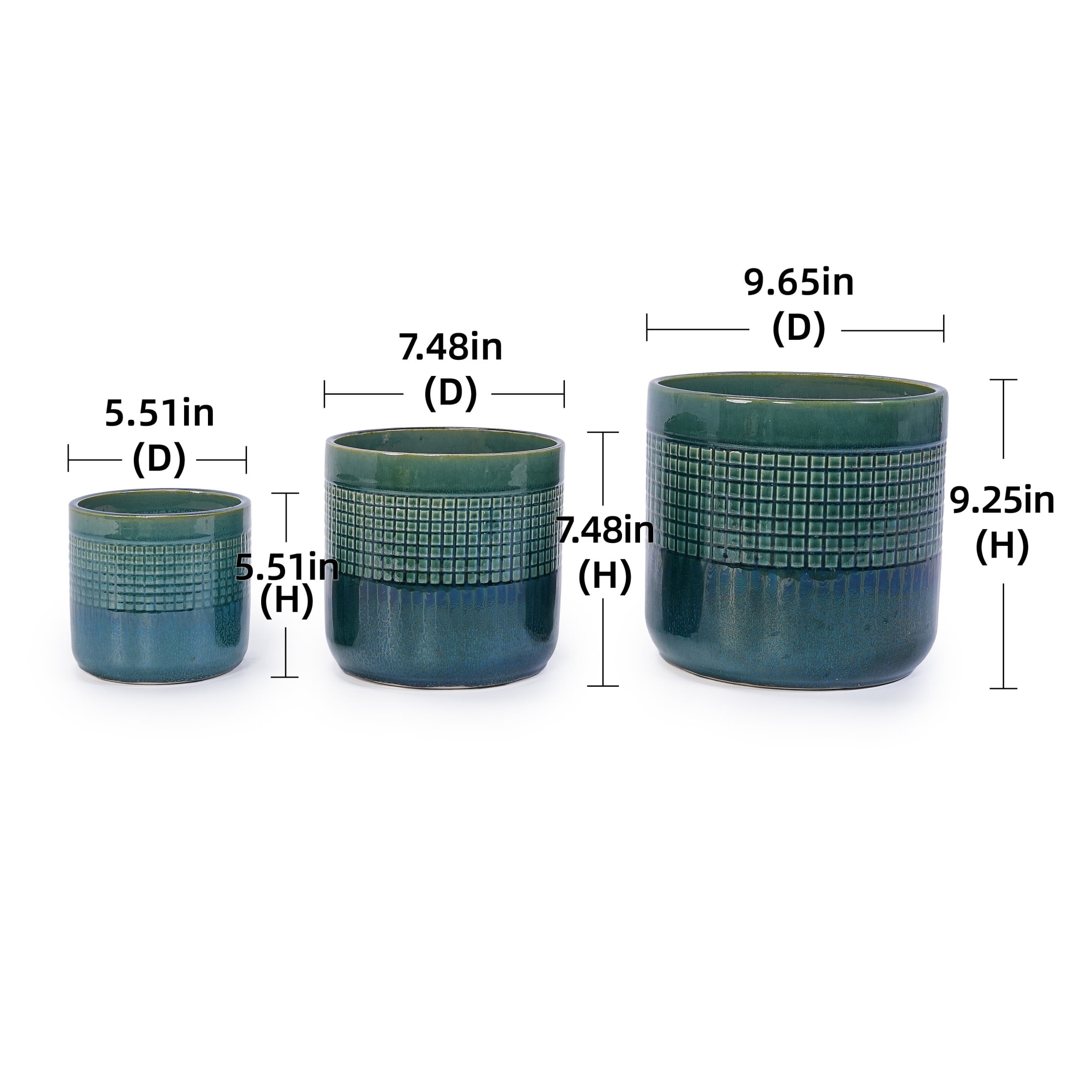 Noble House Helen Grid Ceramic Planter Set, Glossy Modern Indoor Outdoor Pots with Drainage, Set of 3, Blue + Green