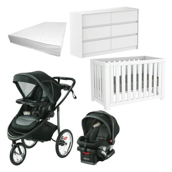 Complete Baby Nursery Bundle: Quebec-Made Convertible Crib, Double Dresser & Canadian-Made Mattress with Graco Modes Jogger Stroller and Car Seat in Felix Design