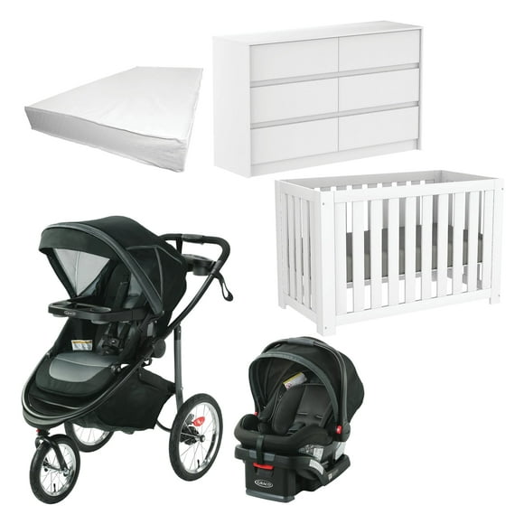 Ensemble Complet de Baby-Sitter: Lit Bébé Convertible, Commode Double et Matelas de Fabrication Canadienne avec Poussette Jogger et Siège Auto en Felix