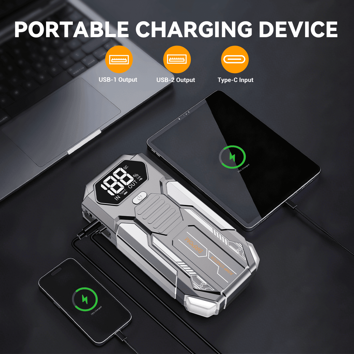 BRPOM Car Battery Jump Starter 4000A, 12V Jump Starter Battery Pack for 6.0L Gas and 5.0L Diesel, 16800mAh Portable Jump Box with LED Light, LED Display, Fast Charging & Emergency Power Bank