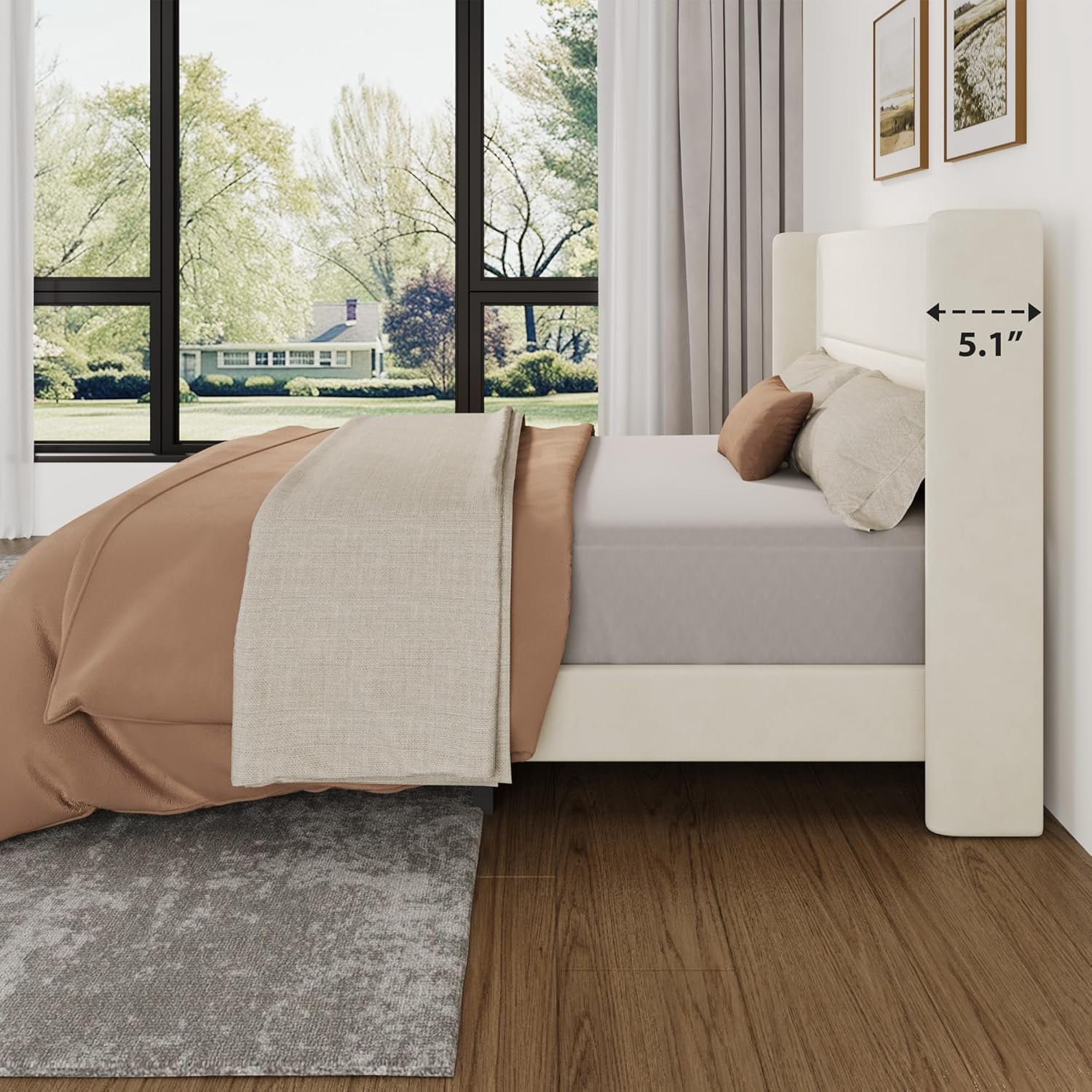 IDEALHOUSE Queen Size Bed Frame with Wingback Headboard, Velvet Upholstered Platform Bedframe with Wood Slats, No Box Spring Needed, Easy Assembly, Beige