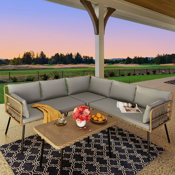 DWVO Patio Furniture Set, Outdoor Wicker Conversation Sectional L-Shaped Sofa with 5 Seater and Coffee table for Backyard - Gray