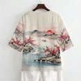 thumbnail image 5 of Xoenoiee Plum Blossom Mountain Sunset Print Women's Vintage Linen Tops 3/4 Sleeve Boho Summer Graphic Tees Tunic Shirts Casual Loose Button Blouses, 2XL, 5 of 7