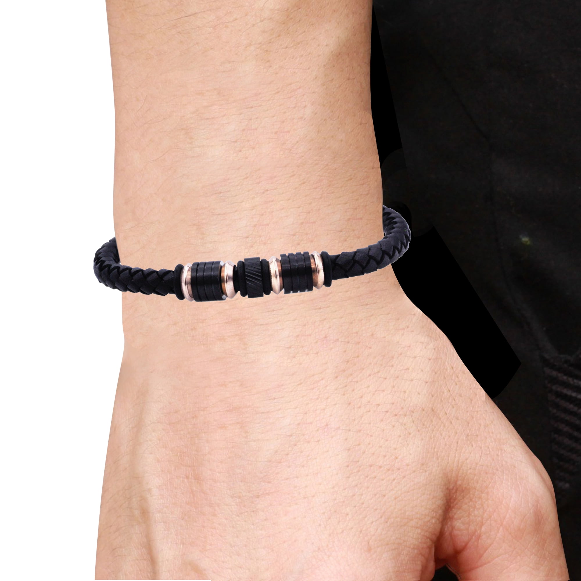 Arista Black Leather Steel Men's Bracelet in Rose Plated Solid Stainless, 8"