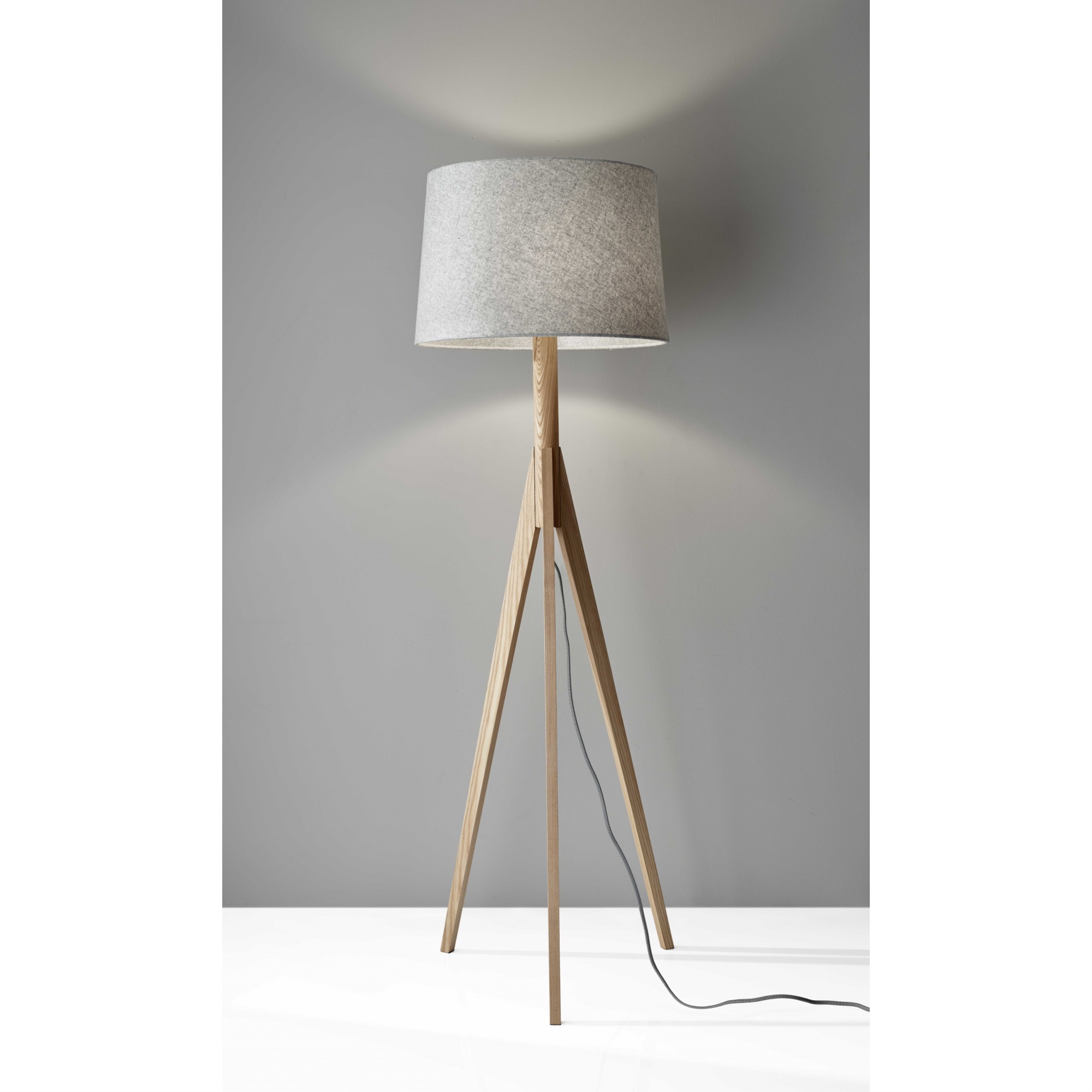 Natural Wood Floor Lamp with Tripod Base and Grey Felt Tapered Drum