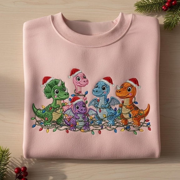 Embroidered Christmas Lights Dinosaur Sweatshirt, Cute Dino Wrapped in Xmas Lights Crewneck, Festive Santa Hat Shirt
