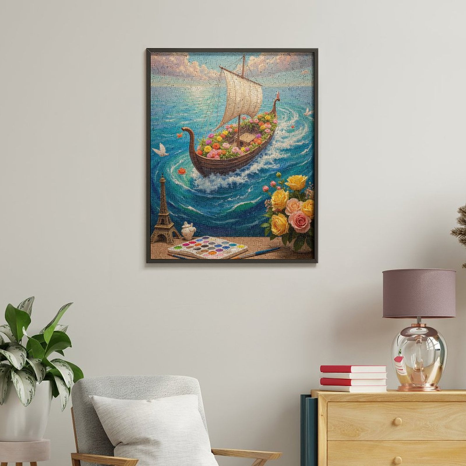 Paint By Numbers Kit for Adults Beginner - Sailboat Flowers Art Palette Waves DIY Canvas Painting Kits for Adults, Frameless Paint By Number for Adults for Home Wall Decor 16x20 Inch