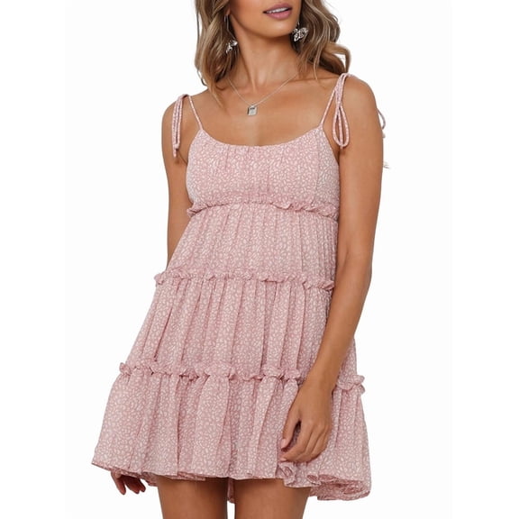 Women'S 2025 Summer Floral Mini Dress Bohemian Flowy Dress Short Sleeveless Ruffle Spaghetti Strap Dress Pink Dots S
