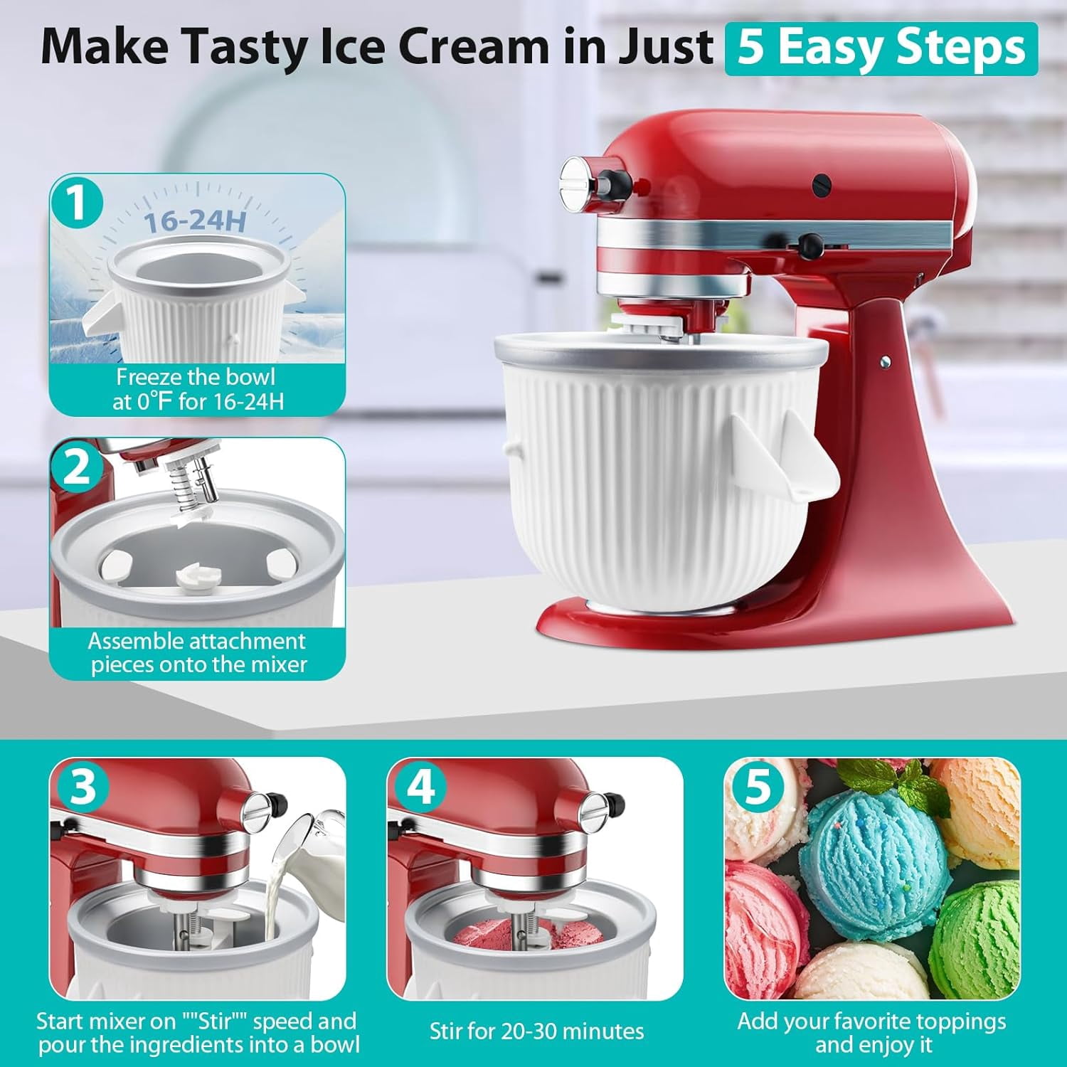 Ice Cream Maker Attachment for Stand Mixer, Ice Cream Bowl Compatible with 4.5Qt and Larger Stand Mixers, Ice Cream & Sorbet Gelato Maker Attachment, 2 Quart, White