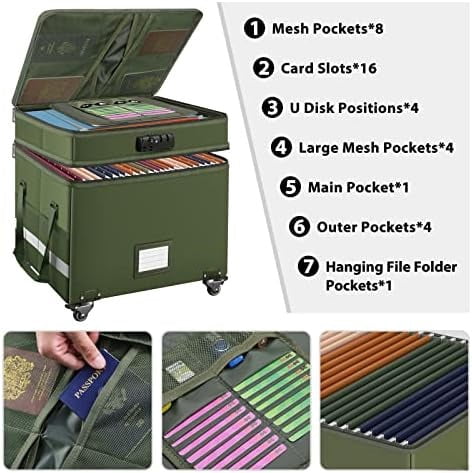 File Box with Lock,2-Layer Fireproof Document Box with Wheels,Collapsible Rolling File Storage Organizer with Pockets,Large Portable Home Office Filing Cabinet Safe for Hanging Folders,Green