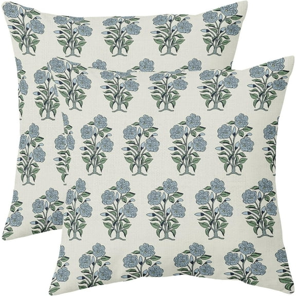 Blue Green Floral Block Print Pillow Covers 18x18 Set of 2 Chinoiserie Flower Leaves Outdoor Decorative Throw Pillows Farmhouse Pillowcases Linen Cushion Case Decor for Home Sofa Couch Bed