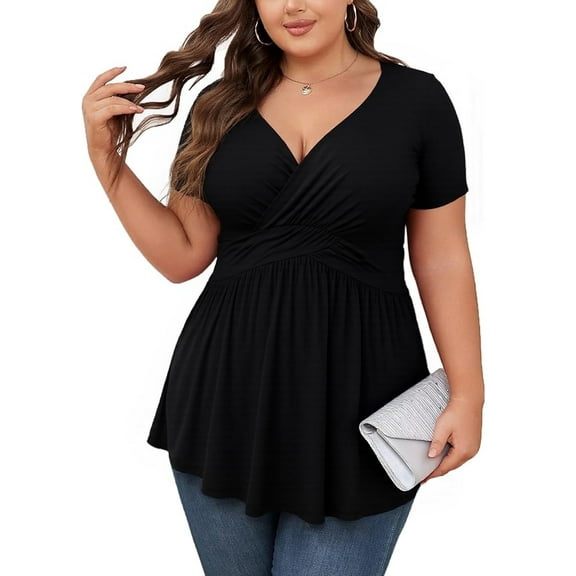 SOMER Women's Tops Plus Size T Shirt Short Sleeve V Neck Dressy Wrap Flowy 2025 Summer Black