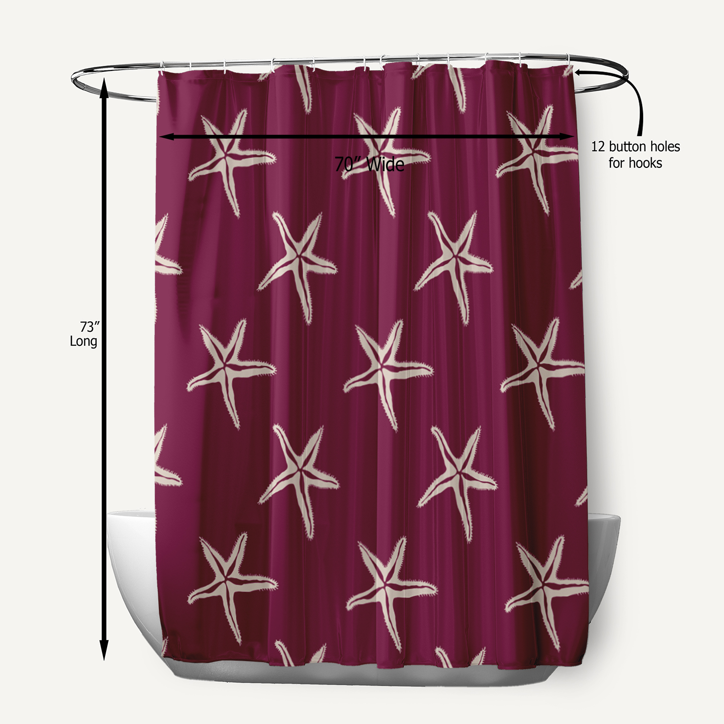 Simply Daisy 70" W x 73" L Starfish Polyester Shower Curtain, Maroon Red [1 Ct]