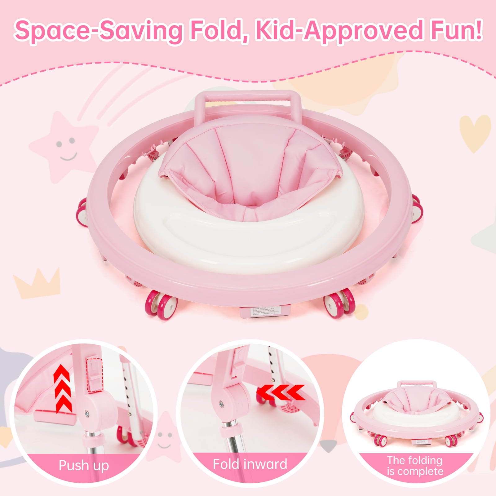 Baby Walker for 6-18 Months - One-Touch Foldable Design, 9 Adjustable Heights, Non-Slip Wheels with Removable Activity Tray, pink