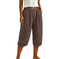 thumbnail image 3 of Women's Cotton Casual Capris with Drawstring Elastic Waist, Loose Fit Pockets for Women, Cropped Pants for Women Summer Lounge Beach, Capri Pants for Women | UKHCCC,Brown S, 3 of 7
