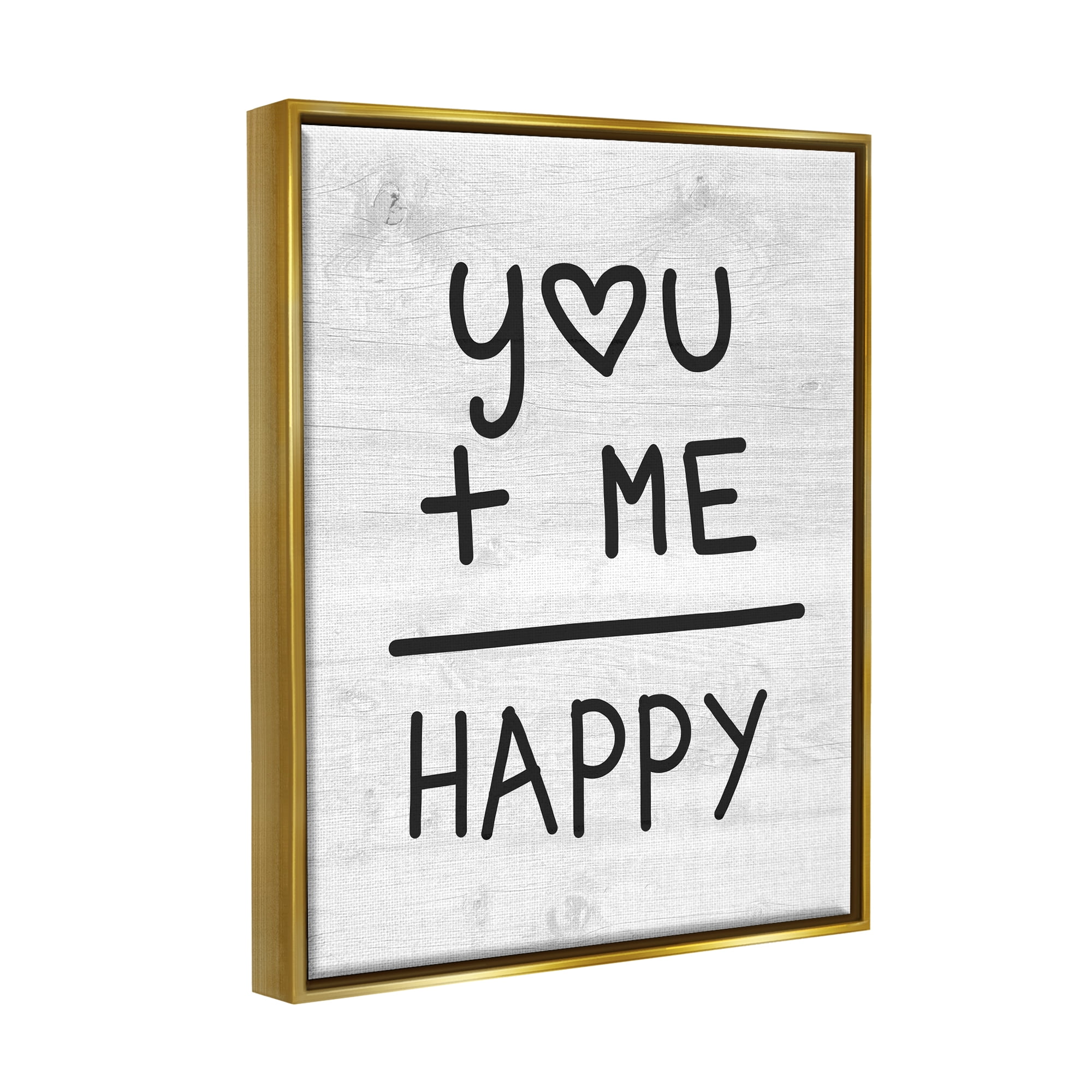 Stupell Industries You + Me = Happy Romantic Phrase Inspirational Painting Gold Floater Framed Art Print Wall Art