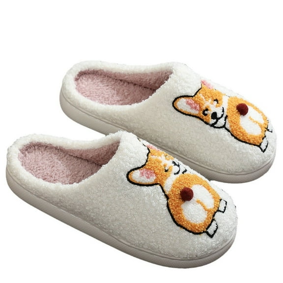 Xfvqtps Women Fluffy Slippers Cute Puppy Embroidery Versatile Indoor Home Funny Winter Non-Slip Plush Slippers White