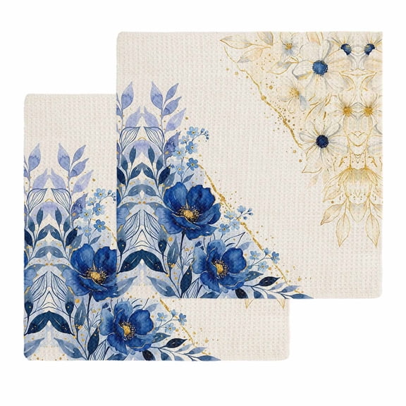 Blue Golden Floral Kitchen Dish Towels for Drying Dishes Set of 2, Summer Flowers Vintage Beige Waffle Weave Microfiber Hand Tea Bathroom Towels Quick Dry & Absorbent Towel 12x12