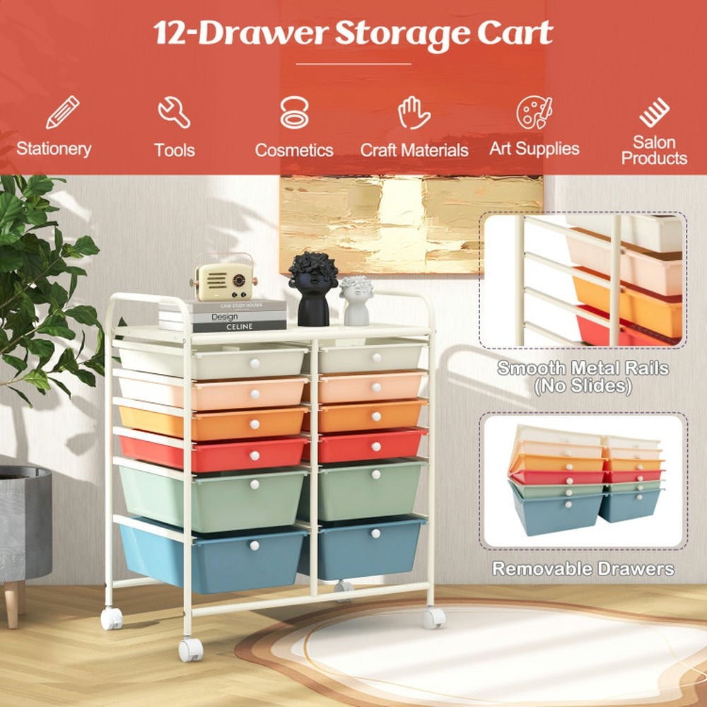 Canddidliike 12 Drawers Rolling Cart Storage Scrapbook Paper Organizer Bins, Craft Organizers and Storage, Multipurpose Organizer Cart for Home, Office, School, Deep Multicolor